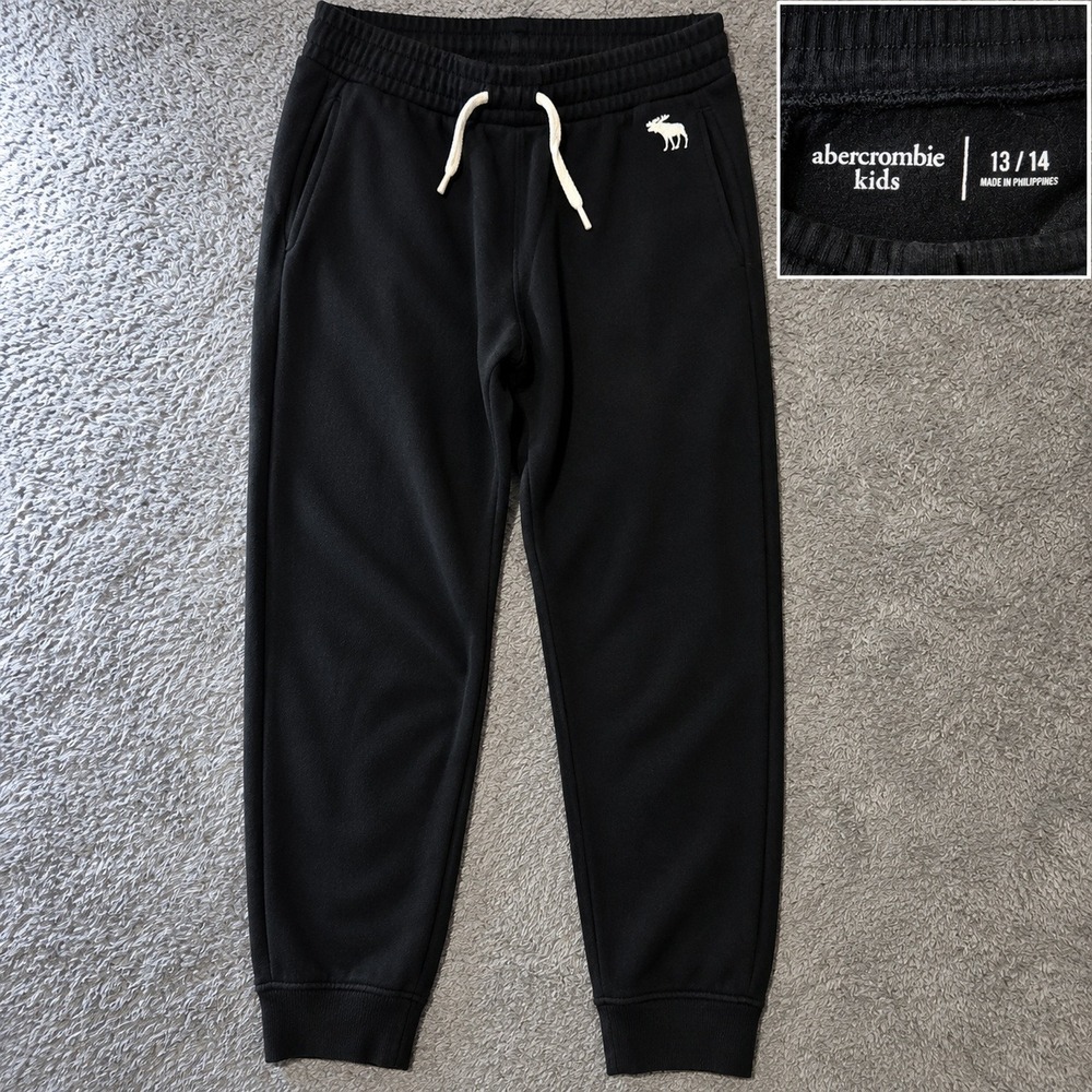 Abercrombie Kids Black Fleece Joggers Sweatpants Moose Logo Size 13/14